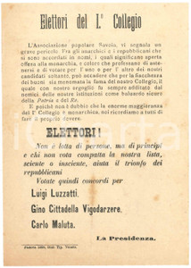 Materiale pubblicitario d’epoca 1890 PADOVA  Associazione Popolare SAVOIA   Baluardo Patria e Re Volantino 1