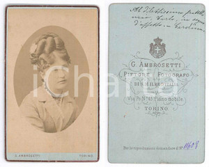 Fotografia d epoca originale 1890 ca TORINO Ritratto di giovane donna  Busto Foto Giuseppe AMBROSETTI CDV 1