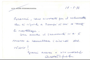Autografo originale 1976 PADOVA Avv. Aldo PERISSINOTTO  Biglietto ringraziamento AUTOGRAFO 1