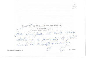 Autografo originale 1978 PADOVA Aldo TRAVAIN Presidente Comitato Prov. CONI  Biglietto AUTOGRAFO 1