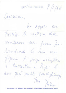 Autografo originale 1978 MILANO Lettera Pino PESERICO per condoglianze Autografo 1