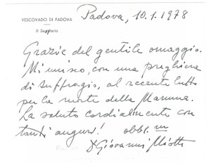 Autografo originale 1978 Vescovado di PADOVA Biglietto don Giovanni MIOTTI ringraziamento Autografo 1