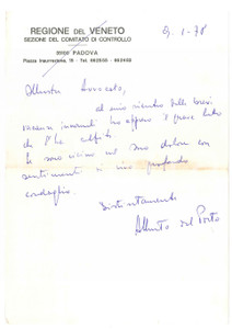 Autografo originale 1978 PADOVA Lettera Alberto DEL PORTO  Regione VENETO   Autografo 1