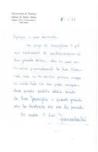 Autografo originale 1978 UniversitÃ  di PADOVA  Lettera Franco SARTORI per condoglianze Autografo 1