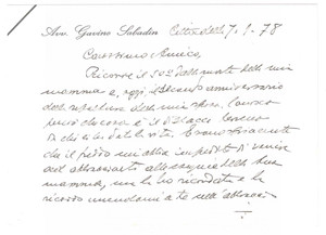 Autografo originale 1978 CITTADELLA PD Biglietto avv. Gavino SABADIN a un amico  Autografo 1