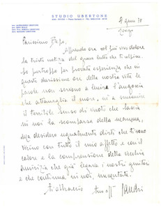 Autografo originale 1978 ROVIGO Lettera avv. Alessandro UBERTONE per condoglianze  Autografo 1