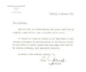 Autografo originale 1978 VENEZIA  Banco San Marco  Lettera Livio MARCONATO direttore  Autografo 1