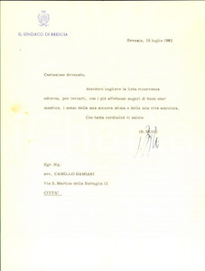 Autografo originale 1962 BRESCIA Sindaco Bruno BONI  Lettera di auguri  AUTOGRAFO 1