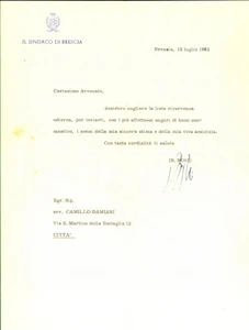 Autografo originale 1962 BRESCIA Sindaco Bruno BONI  Lettera di auguri  AUTOGRAFO 1