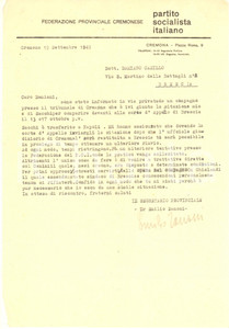 Autografo originale 1949 CREMONA Lettera Emilio ZANONI  Federazione Provinciale PSI  AUTOGRAFO 1