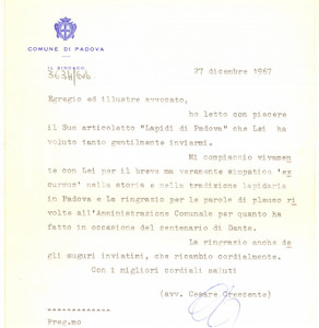 Autografo originale 1967 PADOVA Lettera sindaco Cesare CRESCENTE  Ringraziamento AUTOGRAFO 1