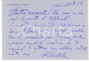Autografo originale 1937 MILANO Cartolina Alessandro CUTOLO in partenza  AUTOGRAFO 1