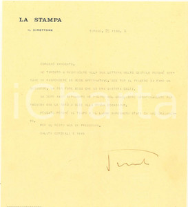 Autografo originale 1932 MILANO Lettera Augusto TURATI direttore quotidiano LA STAMPA  AUTOGRAFO 1
