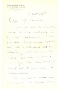 Autografo originale 1958 ABANO TERME Lettera don Tarcisio MAZZAROTTO arciprete chiesa S.LORENZO 1