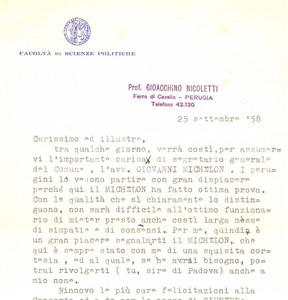 Autografo originale 1958 PERUGIA Lettera Gioacchino NICOLETTI per raccomandazione Autografo 1