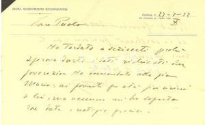 Autografo originale 1932 PADOVA Lettera Giovanni STOPPATO in morte dello zio Alessandro Autografo 1