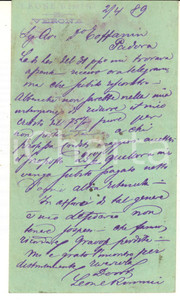 Autografo originale 1889 VERONA Cartolina Leone RIMINI per riduzione credito  Autografa 1