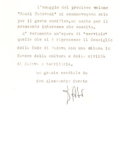 Autografo originale 1976 MONTEMERLO Lettera don Alessandro CERATO per libro ricevuto  Autografo 1