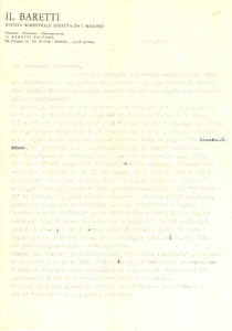 Autografo originale 1965 NAPOLI  IL BARETTI Lettera Bruno LUCREZI su bozze di un autore AUTOGRAFO 1