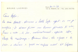 Autografo originale 1979 NAPOLI Bruno LUCREZI riprende i suoi studi  Biglietto AUTOGRAFO 1