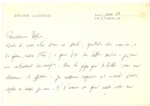 Autografo originale 1979 NAPOLI Biglietto Bruno LUCREZI a un collega  AUTOGRAFO 1