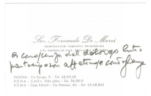 Autografo originale 1975 ca PADOVA Senatore Fernando DE MARZI Biglietto da visita AUTOGRAFO 13x8 1