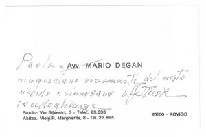 Autografo originale 1975 ca ROVIGO Avv. Mario DEGAN Biglietto da visita AUTOGRAFO 10x7 cm 1
