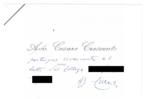 Autografo originale 1975 ca ITALIA Avv. Cesare CRESCENTE Biglietto da visita AUTOGRAFO 10x7 cm 1