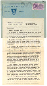 Autografo originale 1954 NAPOLI Editore Gaspare CASELLA su Manrico FIORE e altri autori  Autografo 1