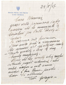 Autografo originale 1937 VENEZIA Grand Hotel des Bains  Lettera Giorgio ZAMBERLAN  AUTOGRAFO 1