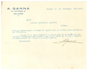 Autografo originale 1940 MILANO Ditta Antonio GANNA  Lettera per servizi alle gare di ciclismo 1