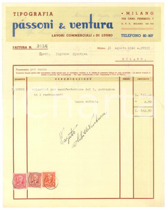 Documento originale, autentico 1940 MILANO Tipografi PASSONI & VENTURA Fattura volantini Velodromo VIGORELLI 2 1
