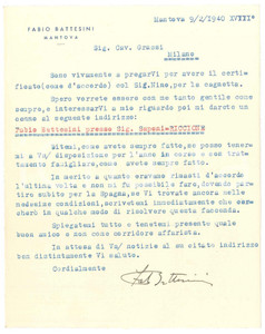 Autografo originale 1940 CICLISMO MANTOVA Lettera Fabio BATTESINI pronto per le gare  AUTOGRAFO 1