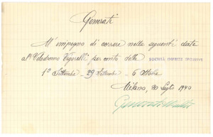 Autografo originale 1940 CICLISMO MILANO Walter GENERATI conferma gare al Vigorelli  AUTOGRAFO 1