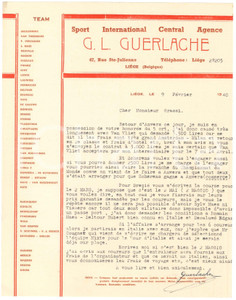 Autografo originale 1940 CICLISMO LIEGI Guillaume GUERLACHE su ingaggi corridori in Italia  Lettera 1