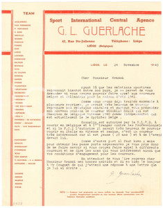 Autografo originale 1940 CICLISMO LIEGI Guillaume GUERLACHE promuove Emile GOSSELIN  Lettera 1