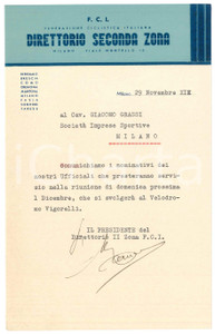 Documento originale, autentico 1940 F.C.I. CICLISMO MILANO Direttorio Seconda Zona  Ufficiali in servizio 1