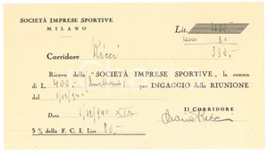 Autografo originale 1940 CICLISMO MILANO Ricevuta Mario RICCI per ingaggio VIGORELLI  AUTOGRAFO 1