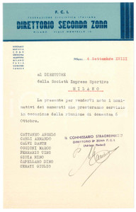 Documento originale, autentico 1940 F.C.I. CICLISMO MILANO Direttorio Seconda Zona Ufficiali in servizio 1