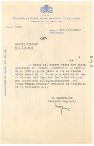 Documento originale, autentico 1943 CICLISMO C.O.N.I. ROMA Lettera Rodolfo MAGNANI per Gran Premio ERLOTTI 1