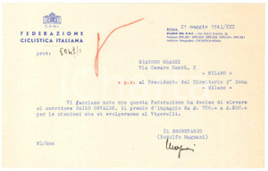 Documento originale, autentico 1943 CICLISMO C.O.N.I. ROMA Lettera Rodolfo MAGNANI su ingaggio Osvaldo BAILO 1