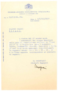 Documento originale, autentico 1943 CICLISMO C.O.N.I. ROMA Lettera Rodolfo MAGNANI su gara di consolazione 1