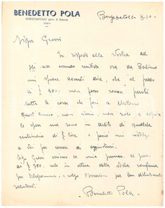 Autografo originale 1940 CICLISMO BORGOSATOLLO Benedetto POLA rinuncia a una gara  AUTOGRAFO 1