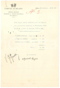 Documento originale, autentico 1938 COMUNE DI MILANO Ufficio Tecnico  Nota elettricisti Velodromo VIGORELLI 1