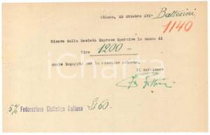 Autografo originale 1938 CICLISMO Milano Vigorelli  Ricevuta Fabio BATTESINI ingaggio  AUTOGRAFO 1