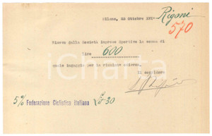 Autografo originale 1938 CICLISMO Milano Vigorelli  Ricevuta Severino RIGONI ingaggio  AUTOGRAFO 1