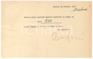 Autografo originale 1938 CICLISMO Milano Vigorelli  Ricevuta Adolfo BORDONI per ingaggio AUTOGRAFO 1