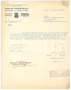 Documento originale, autentico 1941 MILANO Sindacato SIAS  Fattura per rivista al Teatro Manzoni 1