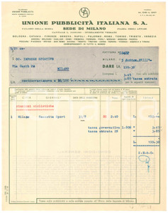 Documento originale, autentico 1940 CICLISMO MILANO Unione Pubblicità Italiane  Fattura Gazzetta dello Sport 1