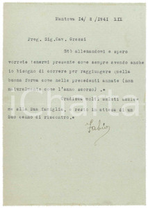 Autografo originale 1941 CICLISMO MANTOVA Lettera Fabio BATTESINI per prossimo ingaggio  AUTOGRAFO 1